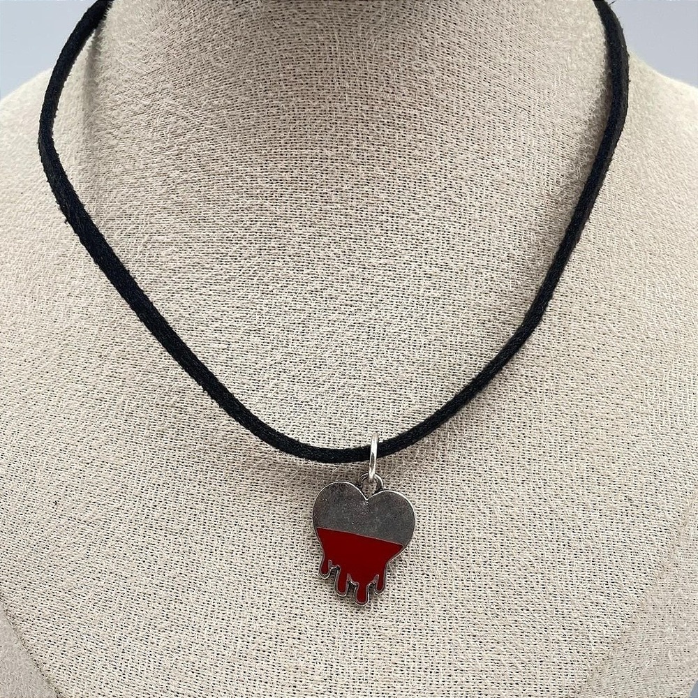 Dripping Blood Heart Choker Necklace Red Enamel Silver Pendant Goth Emo Suede